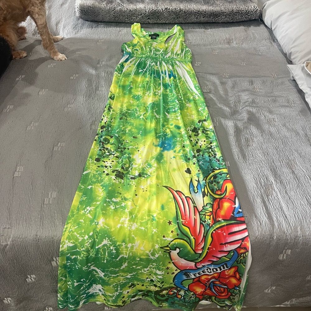Vibrant Green Maxi Dress with Colorful Bird Design